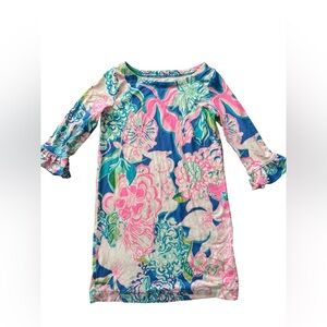 Lilly Pulitzer Girls Floral Shift Dress Sz 6-7 Pink Blue Ruffle Sleeve Tropical